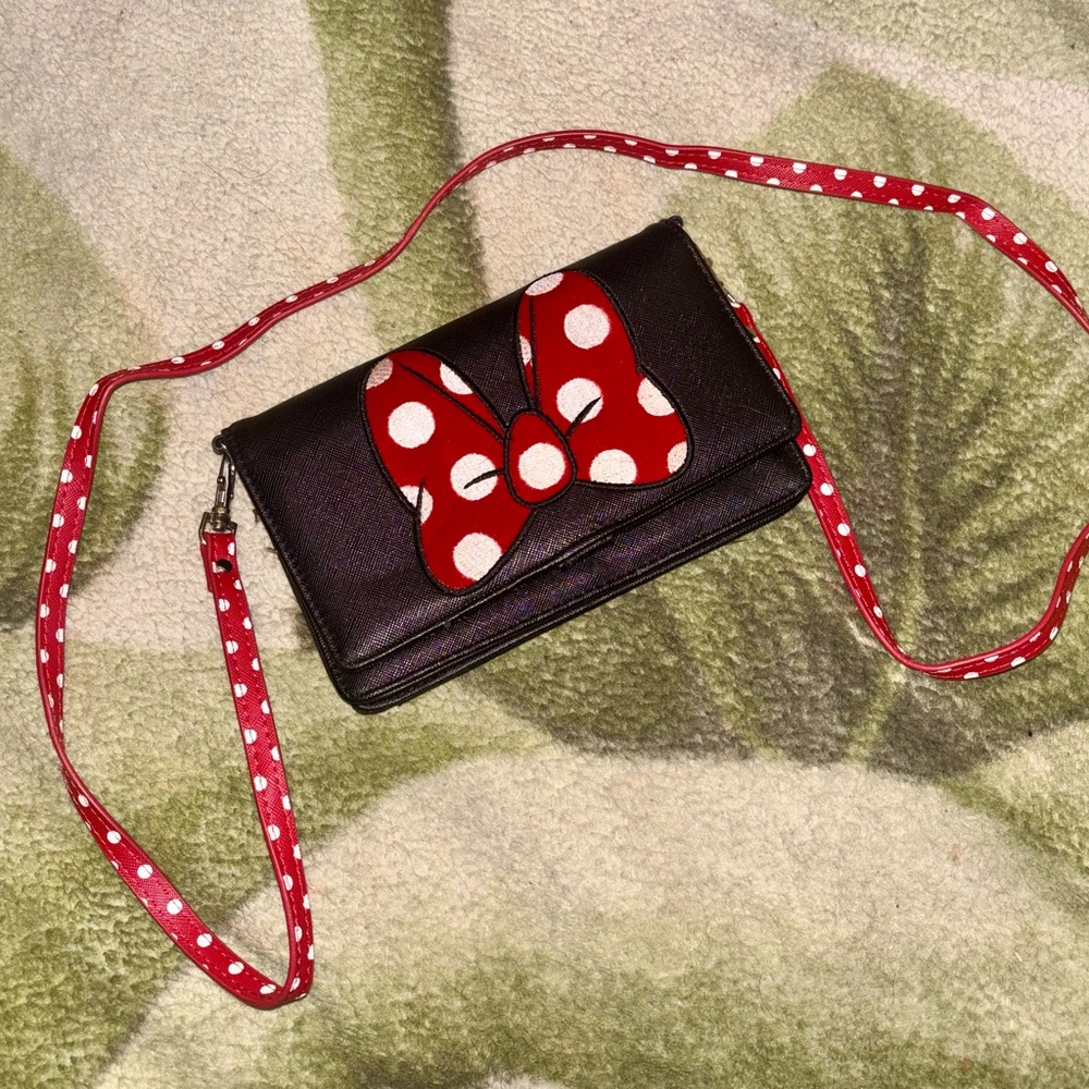 Black Minnie Mouse Disney Crossbody Wallet with Red Polka Dot Bow Strap